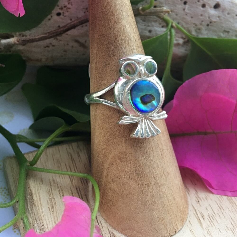 Solid Sterling Silver Abalone Shell Owl Ring Size 7.5